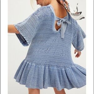 FREE People Sistine blue crochet mini ruffled hem dress